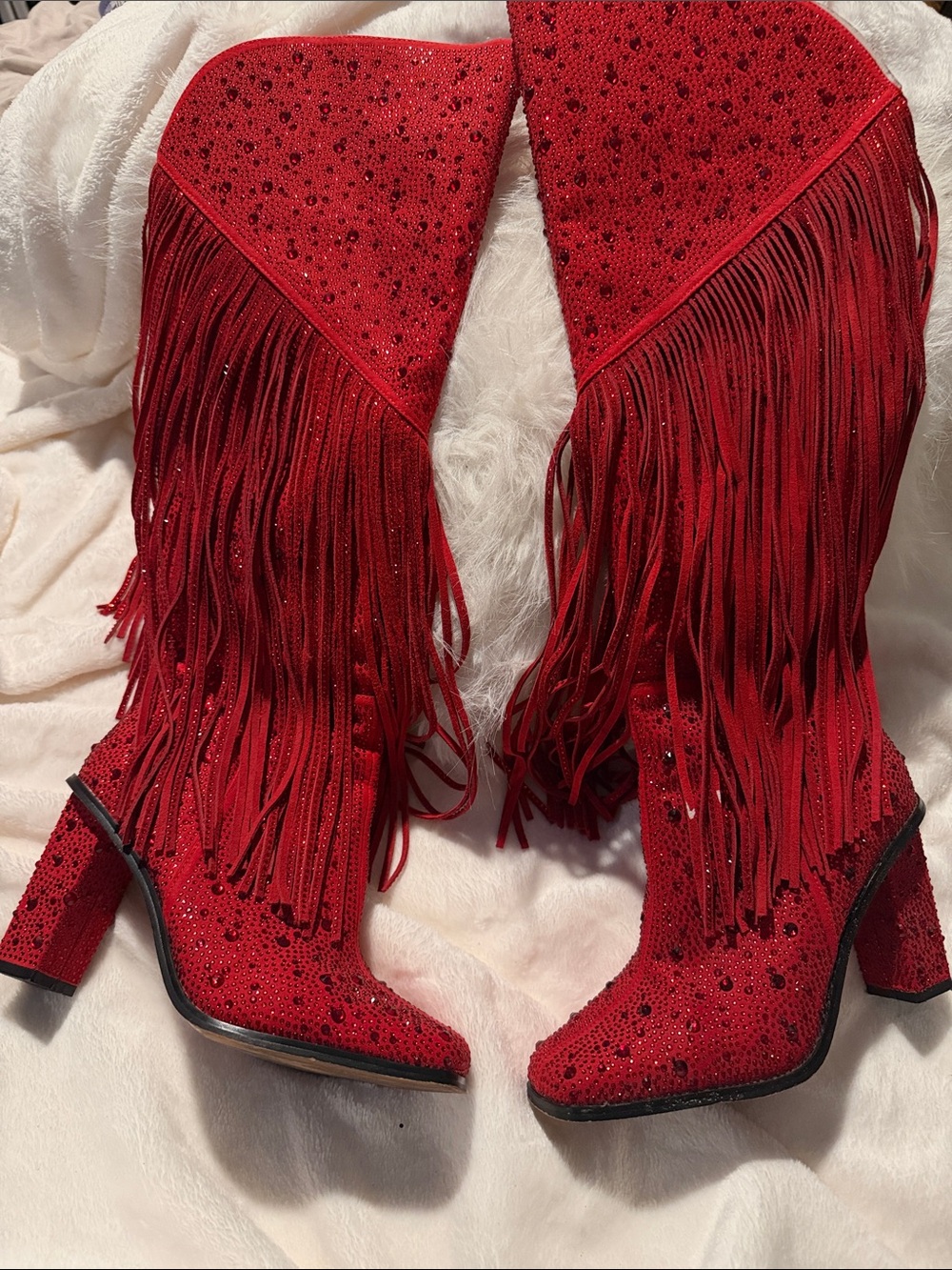Jessica Simpson Asire Rhinestone Red Fringe Block Heel Boot SIZE 8 - Picture 3 of 9